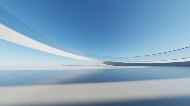 Boş beton zemin, minimal dış görünüş, araba sunumu arka planı ile soyut modern mimarinin 3D görüntüsü