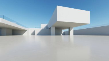 Boş beton zemin, minimal dış görünüş, araba sunumu arka planı ile soyut modern mimarinin 3D görüntüsü