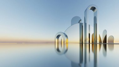 Soyut asgari mimari arkaplan, krom veya metalik kemer tasarımlı geometrik mimari 3D çizim