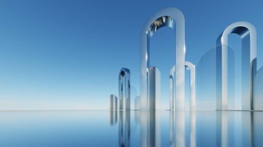 Soyut asgari mimari arkaplan, krom veya metalik kemer tasarımlı geometrik mimari 3D çizim