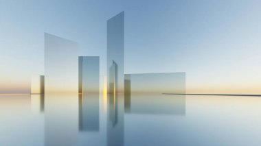 Soyut asgari mimari arkaplan, krom veya metalik kemer tasarımlı geometrik mimari 3D çizim