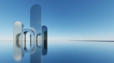 Soyut asgari mimari arkaplan, krom veya metalik kemer tasarımlı geometrik mimari 3D çizim