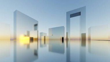 Soyut asgari mimari arkaplan, krom veya metalik kemer tasarımlı geometrik mimari 3D çizim