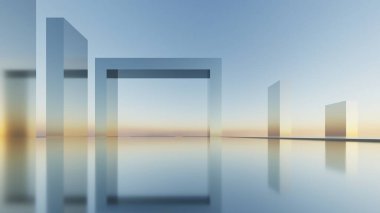 Soyut asgari mimari arkaplan, krom veya metalik kemer tasarımlı geometrik mimari 3D çizim