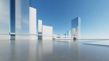 Soyut asgari mimari arkaplan, krom veya cam tasarımlı geometrik mimarinin 3d çizimi