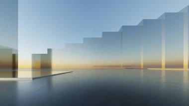 Soyut asgari mimari arkaplan, krom veya cam tasarımlı geometrik mimarinin 3d çizimi
