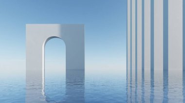 Su yüzeyinde cam veya kemer tasarımı ile soyut minimal mimari arkaplan, geometrik mimari 3d resimleme