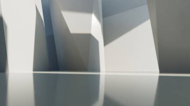 Güneş ışığıyla soyut iç mekan gölgesi duvara ve zemine, geometrik tasarıma, vahşet mimarisi perspektifine, 3D canlandırmaya yansıdı.
