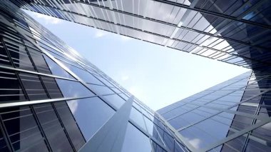 Modern mimarinin 3D görüntüsü, cam pencereli gökdelen şirket binası.