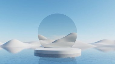 Üç boyutlu soyut minimal mimari arka plan, krom veya metalik tasarım ile geometrik mimari, sürreal manzara