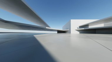 3D soyut modern beton mimari boş beton zemin, minimal dış görünüş, araba sunumu arka planı