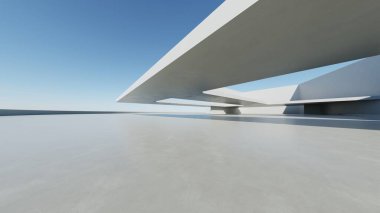 3D soyut modern beton mimari boş beton zemin, minimal dış görünüş, araba sunumu arka planı