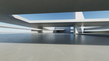 3D soyut modern beton mimari boş beton zemin, minimal dış görünüş, araba sunumu arka planı