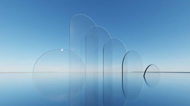 Soyut asgari mimari arkaplan, krom veya metalik kemer tasarımlı geometrik mimari 3D çizim