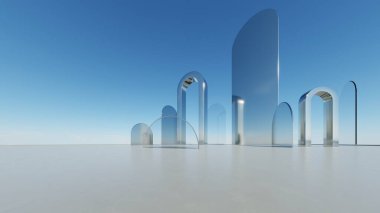 Soyut asgari mimari arkaplan, krom veya metalik kemer tasarımlı geometrik mimari 3D çizim