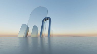 Soyut asgari mimari arkaplan, krom veya metalik kemer tasarımlı geometrik mimari 3D çizim