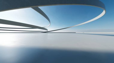 Boş beton zemin, minimal dış görünüş, araba sunumu arka planı ile soyut modern eğri mimarisinin 3D görüntüsü