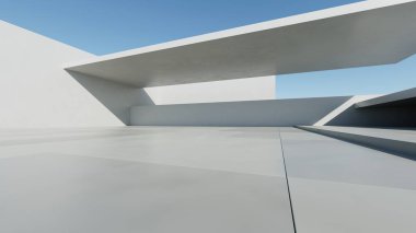 3D soyut modern beton mimari boş beton zemin, minimal dış görünüş, araba sunumu arka planı