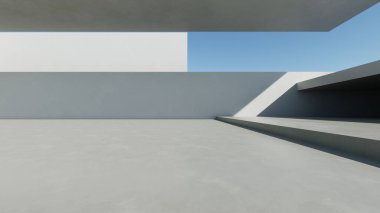 3D soyut modern beton mimari boş beton zemin, minimal dış görünüş, araba sunumu arka planı