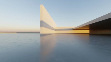 3D soyut modern beton mimari boş beton zemin, minimal dış görünüş, araba sunumu arka planı