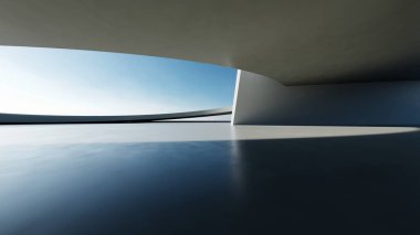 Boş beton zemin, minimal dış görünüş, araba sunumu arka planı ile soyut modern eğri mimarisinin 3D görüntüsü