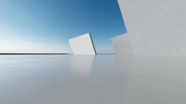 3D soyut modern beton mimari boş beton zemin, minimal dış görünüş, araba sunumu arka planı