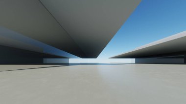 3D soyut modern beton mimari boş beton zemin, minimal dış görünüş, araba sunumu arka planı