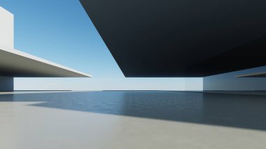 3D soyut modern beton mimari boş beton zemin, minimal dış görünüş, araba sunumu arka planı