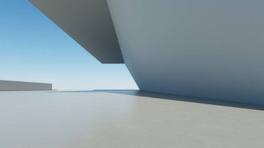 Boş beton zemin, minimal dış görünüş, araba sunumu arka planı ile soyut modern eğri mimarisinin 3D görüntüsü
