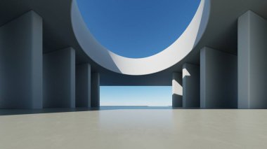 Boş beton zemin, minimal dış görünüş, araba sunumu arka planı ile soyut modern eğri mimarisinin 3D görüntüsü