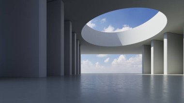 Boş beton zemin, minimal dış görünüş, araba sunumu arka planı ile soyut modern eğri mimarisinin 3D görüntüsü