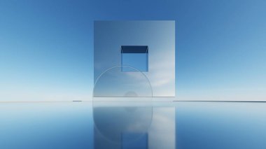 Soyut asgari mimari arkaplan, krom veya cam tasarımlı geometrik mimarinin 3d çizimi