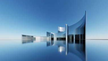 Soyut asgari mimari arkaplan, krom veya metalik kemer tasarımlı geometrik mimari 3D çizim