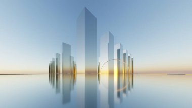 Soyut asgari mimari arkaplan, krom veya metalik kemer tasarımlı geometrik mimari 3D çizim