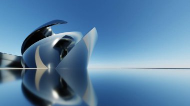 Soyut asgari mimari arkaplan, krom veya metalik kemer tasarımlı geometrik mimari 3D çizim