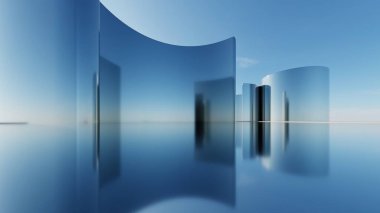 Soyut asgari mimari arkaplan, krom veya metalik kemer tasarımlı geometrik mimari 3D çizim