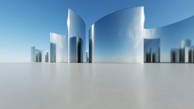 Soyut asgari mimari arkaplan, krom veya metalik kemer tasarımlı geometrik mimari 3D çizim