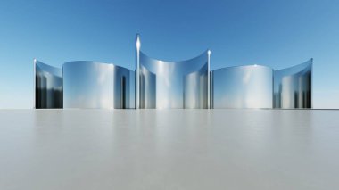 Soyut asgari mimari arkaplan, krom veya metalik kemer tasarımlı geometrik mimari 3D çizim