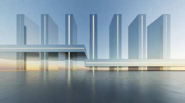 Soyut minimal mimari arkaplan, krom ya da neon ışıklı metalik tasarım geometrik mimari