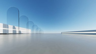 Boş beton zemin, minimal dış görünüş, araba sunumu arka planı ile soyut modern mimarinin 3D görüntüsü
