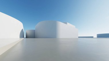 Boş beton zemin, minimal dış görünüş, araba sunumu arka planı ile soyut modern mimarinin 3D görüntüsü