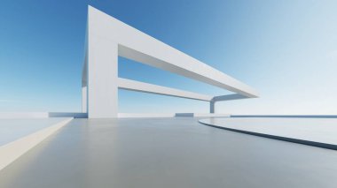 Boş beton zemin, minimal dış görünüş, araba sunumu arka planı ile soyut modern mimarinin 3D görüntüsü