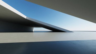 Boş beton zemin, minimal dış görünüş, araba sunumu arka planı ile soyut modern eğri mimarisinin 3D görüntüsü