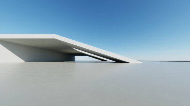 Boş beton zemin, minimal dış görünüş, araba sunumu arka planı ile soyut modern eğri mimarisinin 3D görüntüsü