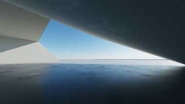 Boş beton zemin, minimal dış görünüş, araba sunumu arka planı ile soyut modern eğri mimarisinin 3D görüntüsü