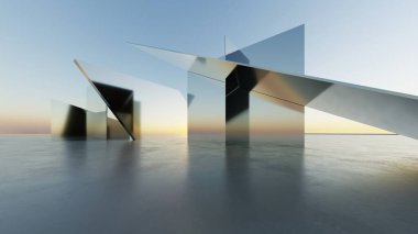 Soyut asgari mimari arkaplan, krom veya metalik kemer tasarımlı geometrik mimari 3D çizim