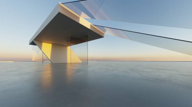 Soyut asgari mimari arkaplan, krom veya metalik kemer tasarımlı geometrik mimari 3D çizim