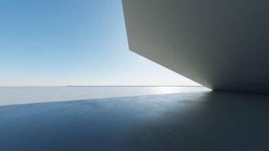 Boş beton zemin, minimal dış görünüş, araba sunumu arka planı ile soyut modern eğri mimarisinin 3D görüntüsü