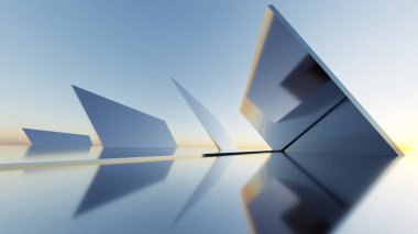 Soyut asgari mimari arkaplan, krom veya metalik kemer tasarımlı geometrik mimari 3D çizim