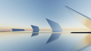 Soyut asgari mimari arkaplan, krom veya metalik kemer tasarımlı geometrik mimari 3D çizim